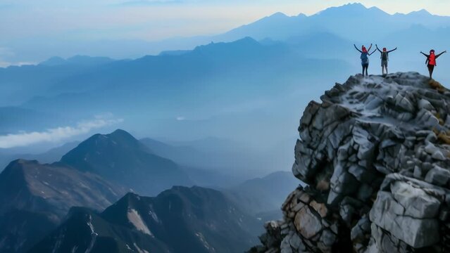 Three hikers stand victorious atop rocky outcropping, arms raised in celebration of successfully summiting mountain. Vast misty range stretches before them, softly lit by breaking dawn. 