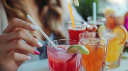 A woman getting a manicure with a selection of nonalcoholic beverages available next to her.