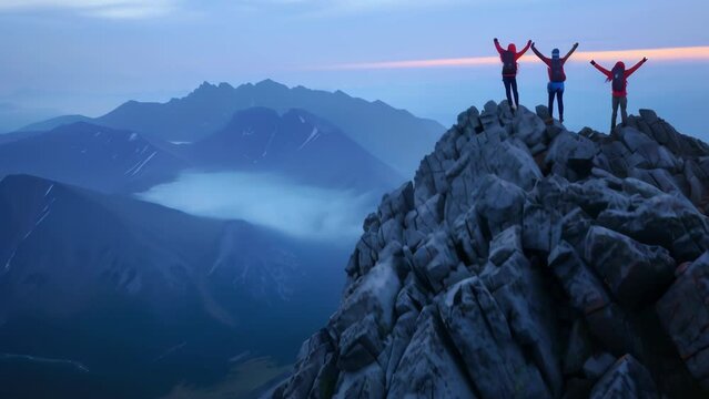 Three hikers stand victorious atop rocky outcropping, arms raised in celebration of successfully summiting mountain. Vast misty range stretches before them, softly lit by breaking dawn. 