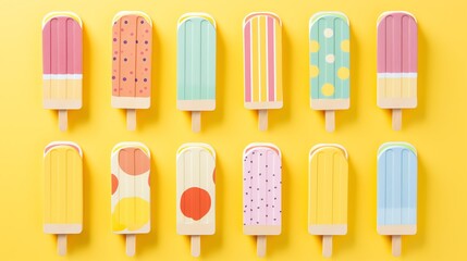 An assortment of colorful popsicle favor boxes each featuring a different pattern displayed on a solid yellow background idea for DIY party planning content