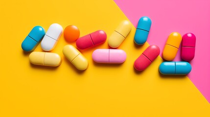 An assortment of pill capsule cookies crafted in various sizes and bright colors arranged on a solid pink background perfect for a pharmacy school graduation or medicalthemed event