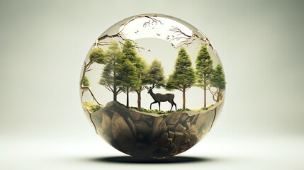 Artistic double exposure representation in 3D of a globe with a trees roots wrapping around it and animal shadows merging into the continents perfect for educational materials on ecology