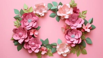 Vibrant DIY paper wreath with dense eucalyptus foliage and bright hydrangea flowers arranged on a solid pink background to highlight the cheerful and refreshing design