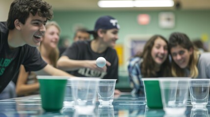 A game of beer pong is rep with a game of ball toss where students toss a ball into cups filled with water instead of alcohol. - obrazy, fototapety, plakaty