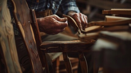 Artisan examining the fine details of a custommade wooden chair, ensuring perfection in the joinery and finish