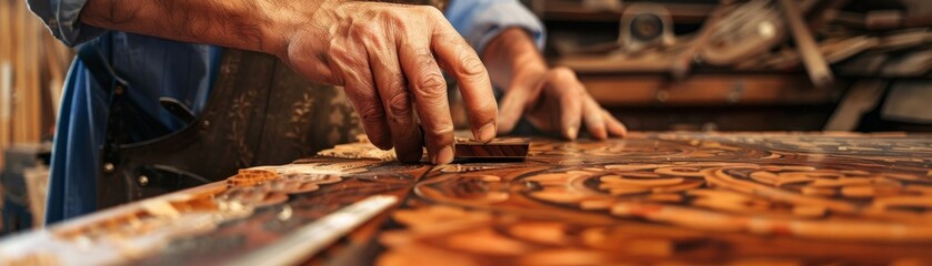 Artisan woodworker fitting intricate marquetry on a luxury wardrobe, displaying craftsmanship and attention to detail