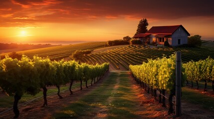 A picturesque vineyard at sunset, with rows of grapevines stretching towards the horizon and a quaint farmhouse in the background. 