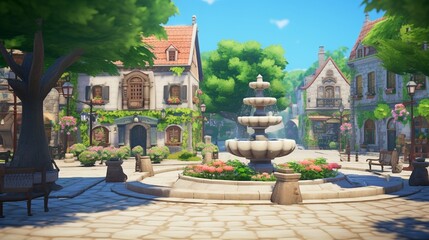 A quaint European village square adorned with cobblestone streets, charming cafes, and a rustic fountain. 