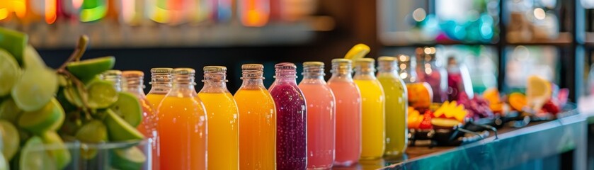 Food and beverage company presenting a new organic juice line, with tastings and colorful product displays