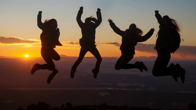Silhouettes of four friends jumping mid-air on a mountaintop at sunset, sky ablaze with warm colors, long shadows cast over vast landscape, evoking freedom, adventure, and shared accomplishment.
