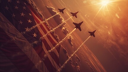 Memorial Day Tribute: American Air Force Fighter Jets Fly with Flag Contrails in Washington DC Sky