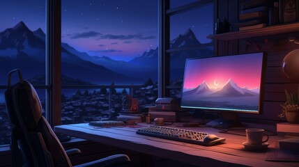 A serene desktop scene featuring a computer monitor and keyboard set against a backdrop of warm, inviting LED lighting, invoking a sense of calm and focus. 
