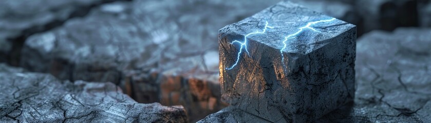 A glowing cube of stone floats above a rocky surface.