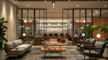 Luxurious coworking space with highend furnishings, private booths, and exclusive amenities like coffee bars and fitness centers