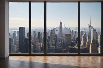 Empty interior from high-rise window showcasing expensive real estate with cityscape of skyscrapers in Midtown NYC at daytime