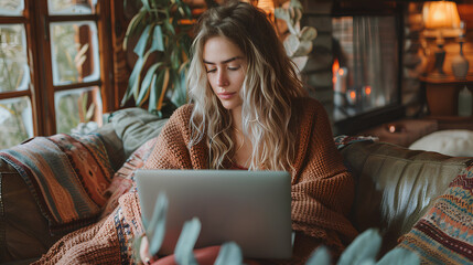 
Serene Woman Engrossed in Work on Laptop at Cozy Home Setting