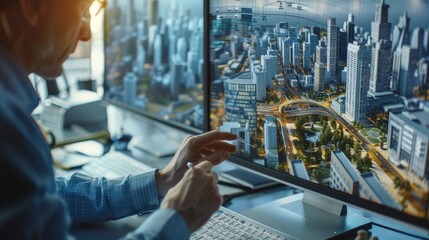 Urban planner designing city infrastructure with 3D simulation software on a computer screen, integrating traffic flow and population data