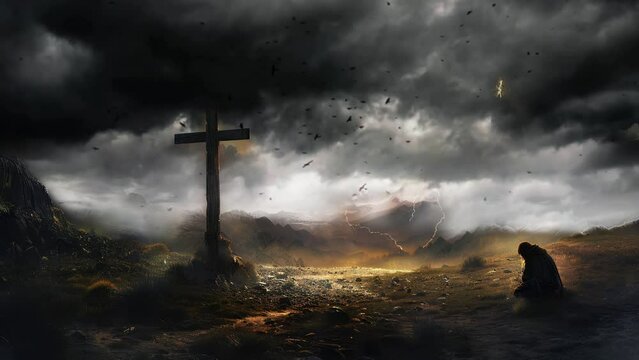 sad atmosphere in someone's surrender before the tower of the cross with dark clouds and crows flying around.