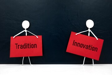 Tradition vs innovation concept. Wooden blocks on a scale.