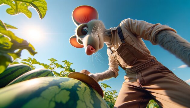 A mouse wearing overalls and a straw hat is harvesting watermelons in a field.