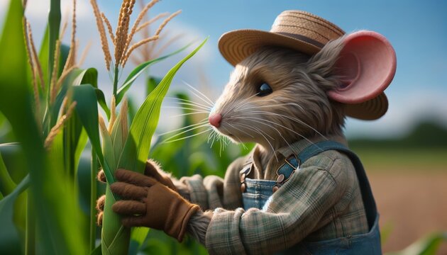 A mouse wearing a straw hat and gloves is inspecting a corn cob in a field.