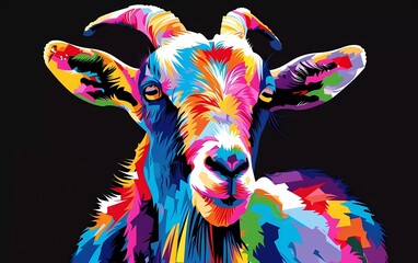 goat drawn using WPAP art style, isolated black background, pop art, vector illustration.