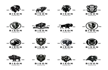 Bison silhouettes and icons. black flat color simple elegant white background Bison animal vector and illustration.