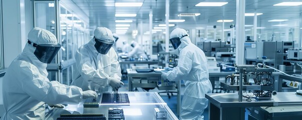 A clean room in a semiconductor lab with engineers in protective suits using laserguided machinery to create microchips