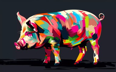 pig drawn using WPAP art style, isolated black background, pop art, vector illustration. 