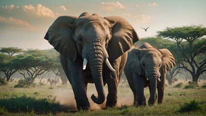Elephant runs front Animals Savannah Green Screen