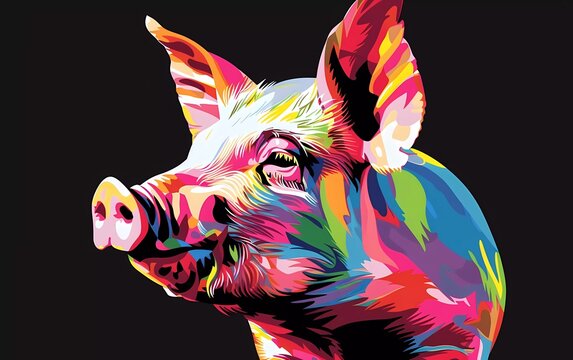 pig drawn using WPAP art style, isolated black background, pop art, vector illustration. 