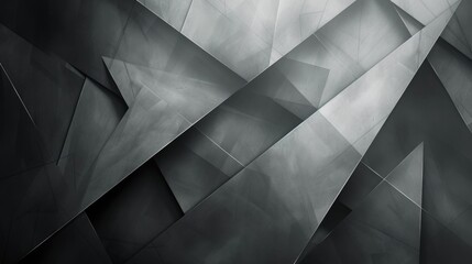 A black and white abstract geometric background with various triangle shapes in different sizes arranged in a way that creates a sense of depth, dynamic and movement with gray shade. Abstract. AIG42.