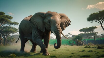 Elephant runs front  Green Screen