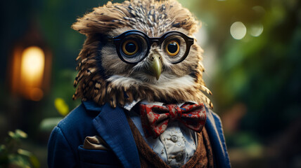 Visualize a sophisticated owl in a tailored vest, complete with a silk bow tie