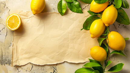 Copy space with lemon and branches and leaves as decoration.