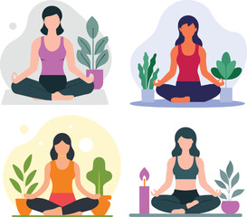 a woman practicing yoga, collection of illustrations showcasing women in various yoga poses, promoting mental and physical wellness