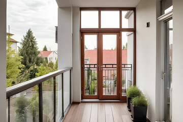 Access to a small balcony of a modern house with a view of the street, wooden windows and a door