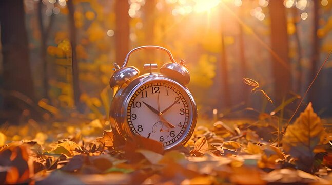 Autumn time change concept alarm clock on the ground. Generate AI image