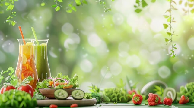 A gardenfresh salad and smoothies set against a green, leafy background define this clean eating website banner, banner background concept 3D with copy space