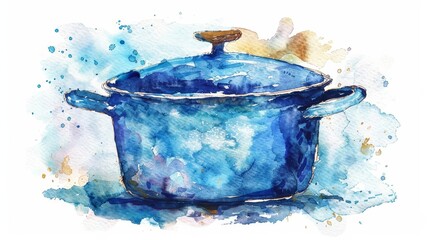 A watercolor painting of a clean Dutch oven, robust and ready for cooking, on a white background