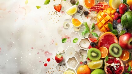 Bright fruits and whole grains seamlessly integrate into a simple hexagonal element design for a nutritious diet flyer, banner background concept 3D with copy space