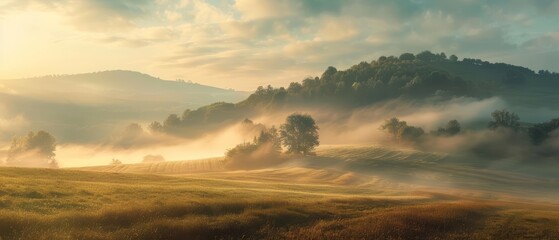 Fototapeta premium Early morning fog gently envelops a hill, revealing a lowlevel view of fields shimmering under the first light of day, realistic cinematic color high detail landscape background