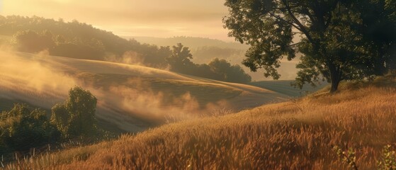 Early morning fog gently envelops a hill, revealing a lowlevel view of fields shimmering under the first light of day, realistic cinematic color high detail landscape background