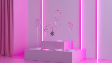 In a minimalist product display, a series of stethoscopes are arrayed on a sleek, pink plinth stage, each highlighted by subtle neon lighting, product display background