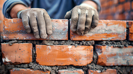 
Closeup of bricklayer hands laying brick wall of house
