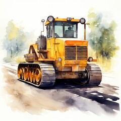Watercolor illustration of road construction with a steamroller