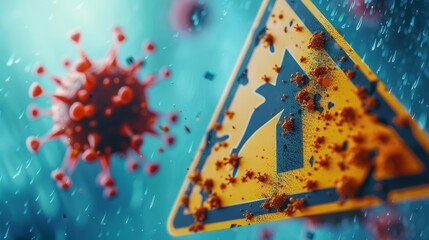 Microscopic virus particles and vibrant warning signs create a striking visual for this public health advisory flyer, banner background concept 3D with copy space