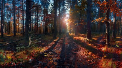 Panorama landscape of twilight descending upon an autumn forest