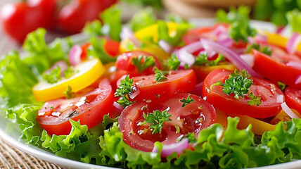 Fresh salad with tomatoes, lettuce, onion and parsley on a plate generativa IA