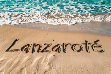 Fototapeta premium Lanzarote, Spain written in the sand on a beach. Spanish tourism and vacation background